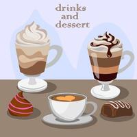 Is coffee time. Varieties of coffee drinks cappuccino, latte, macchiato with chocolate dessert, sweets. Vector illustration of coffee with sweet dessert.