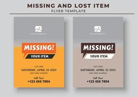 plantilla de volante de artículos perdidos y perdidos, póster faltante, plantilla de volante de mascotas perdidas vector