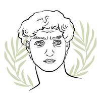 Davids sketch in trendy aesthetic style. A portrait of a male with abstract olive leaves. Michelangelo sculpture illustration. Positive masculinity concept. vector