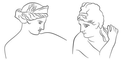 Trendy line sketches of famous statues. A set of illustrations representing goddesses. Aesthetic contour of female portraits. Feminine vector elements.