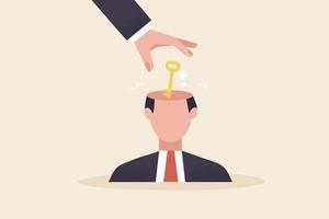 A businessman puts a key in a big man's head. Discover important achievements Unlock secret creativity to achieve business goals. vector