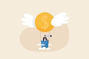 Find business, growth and investment ideas. a businessman in a hot air balloon looking through a telescope. vector