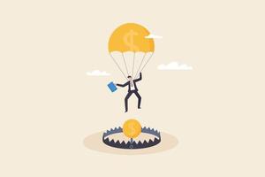 Businessman with parachute falling on money trap. vector