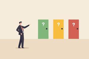 making decision, success or failure concept. Businessman standing in front of many colourful doors trying to choose one looking at way to unknown future and opportunity. vector