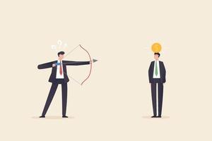 Business risk concept. Investment risk, gambling, uncertainty, possibility of losing money. Man aiming arrow at apple on another mans head vector