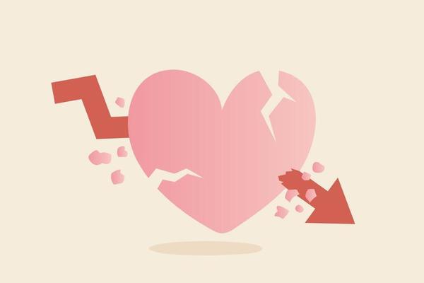 Heart attack or broken heart concept.  arrow doen pierced heart.