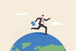 Businessman running around the world sense of urgency Quick response attitude to get the job done as quickly as possible now.