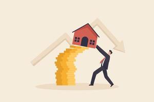 businessman house owner or real estate agent help protect the house to fall off unstable stack of coins. vector