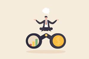 A businessman meditates on anticipating his investment future or his financial future. businessman looking through a telescope searching for financial opportunity. vector