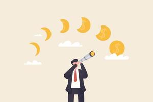 find investment opportunities financial success See how to make profits and get new ideas. Curious businessman with telescope. vector