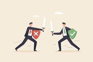 Business decisions, right or wrong, true or false, right and wrong, The choice of compete in business. A businessman wields his sword at one another to judge right or wrong. vector
