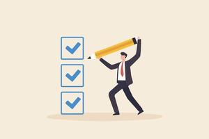 Checklist for completed tasks, Business man with a giant pencil nearby marked checklist box. vector