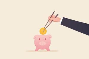 Asian people's savings concept. A businessman's hands hold gold coin chopsticks and drop coins into the piggy bank. vector