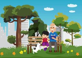 cartoon vector illustration of a little boy sitting with grandfather and his little dog in the park