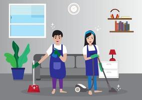 happy couple woman man doing housework husband and wife cleaning the house vector illustration
