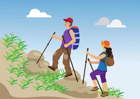 Happy couple of young people go hiking. Man and woman with backpacks on a background of mountainous landscape vector