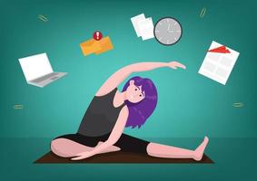 girl sitting in yoga pose and meditating She allocates exercise time from her routine. Vector Illustration