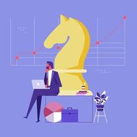 Business strategy, planning to achieve goal, management for company growth opportunity, smart businessman working with computer sit on target with chess knight and dashboard data