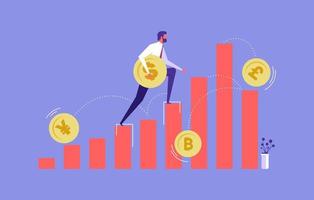 Businessman climbs chart, and carries Dollar Coin, market and currency exchange concept, money growth and profit chart, career growth to success vector