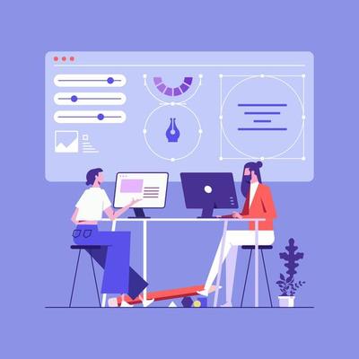 Web design studio or Creative team working on laptops and discuss new project, Web design process concept, Collaboration of creators
