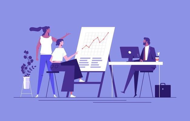 Flat vector design statistical and Data analysis for business finance concept with business people team working on monitor graph dashboard