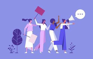 ilustración de mujeres que caminan con un altavoz y luchan por sus derechos, igualdad, contra la violencia, discriminación en el lugar de trabajo, personas con carteles o pancartas vector
