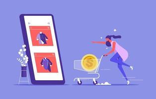 shopping online. E-commerce and online shopping. Woman running with shopping cart to online shop, Flat vector illustration.