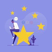 Rating on customer service illustration. Man sitting on star and holding tablet in his lap, rating feedback and review concept, flat vector illustration