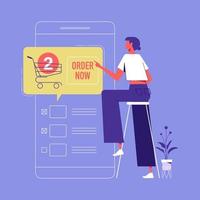 Mobile phone with shopping cart full, online ordering notification concept, e-commerce, order delivery service, a woman is ordering goods through her cellphone vector