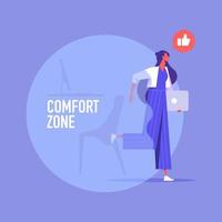 Exit from the comfort zone concept, businesswoman carefully stepping out of a comfort zone vector