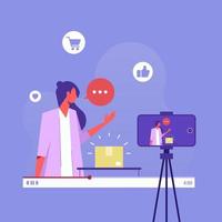 Video blogger making video for blog or vlog review, woman video blogger and camera. Vector flat illustration
