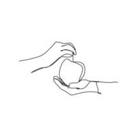 Continuous one line drawing giving a fruit to other. Simple hand drawn style for social life concept. Single line draw design vector graphic illustration