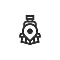 Journey on train line icon. Railway station location pin linear style sign for mobile concept and web design. Map marker with train outline vector icon. Symbol, logo illustration. Vector graphics