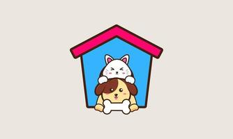 Cute cat and dog friend cartoon vector illustration. Animal friend icon concept