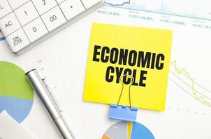 ciclo económico: estado general de la economía a medida que pasa por cuatro etapas en un patrón cíclico, concepto de texto en la tarjeta foto