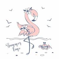 Cute pink flamingo on the sea beach. Vector. vector