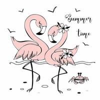 Cute pink flamingos on the sea beach. Summer time. Vector. vector