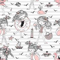 Seamless pattern with cute girls in swimsuits on the sea beach. Striped background. Vector. vector