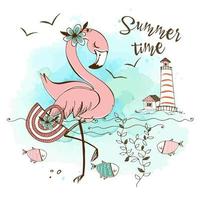Fashionable cute pink flamingo with a bag on the sea beach. Summer time. Vector. vector