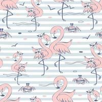 Seamless pattern with cute pink flamingos. Striped background. Vector. vector