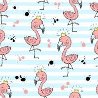 Seamless pattern with cute flamingo princesses on striped background. Summer motifs. Vector. vector