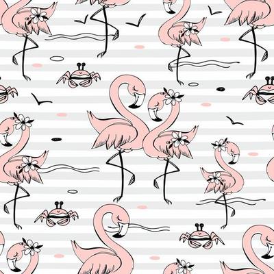 Seamless pattern with cute pink flamingos. Striped background. Vector.