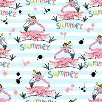 Seamless pattern with cute flamingos on striped background. Summer motifs. Vector. vector