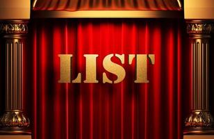 list golden word on red curtain