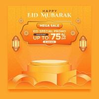 Eid Mubarak sale promo with product display and Arabic ornamentals square banner template vector