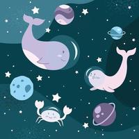 Cute Ocean Creatures In Space vector