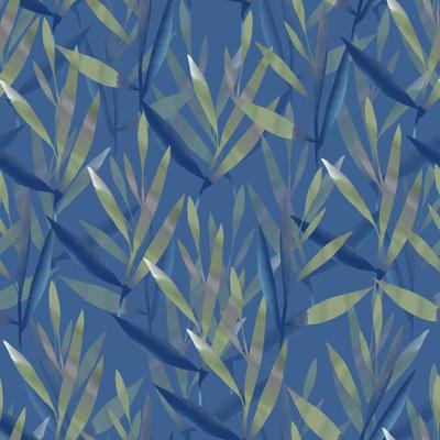 seamless doodle watercolour leaves pattern on blue background , greeting card or fabric