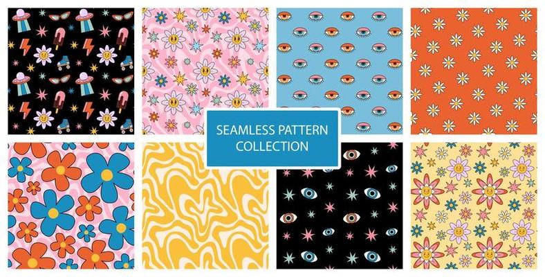 Big set of retro 1970 psychedelic seamless patterns. Bright hippie backgrounds. Groovy trendy wallpaper. Illustration with ufo, daisy flower and wave.