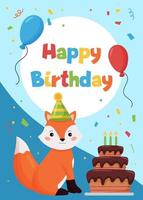 Tarjeta de felicitación de feliz cumpleaños para niños. animales del bosque. zorro de dibujos animados con pastel y globos. ideal para postales, invitaciones, carteles y pancartas. vector