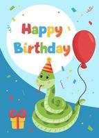 Happy Birthday greeting card with cute cartoon snake. Jungle animals. Ideal for print postcards, invitations, posters and banners. Vector illustration.